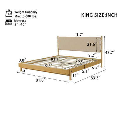 Beige Wood Platform Bed with Headboard and Matching Bedside Tables - 3 Pc Set