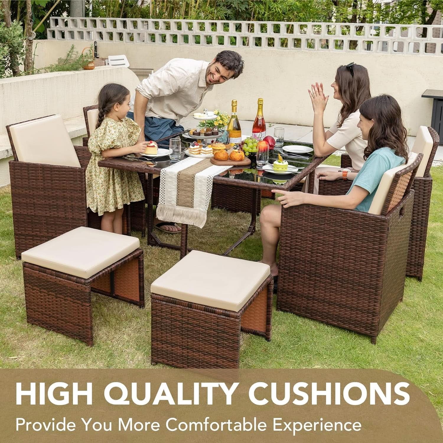 9 Piece Outdoor Space Saving Dining Set - Brown Rattan Chairs With Beige Cushions