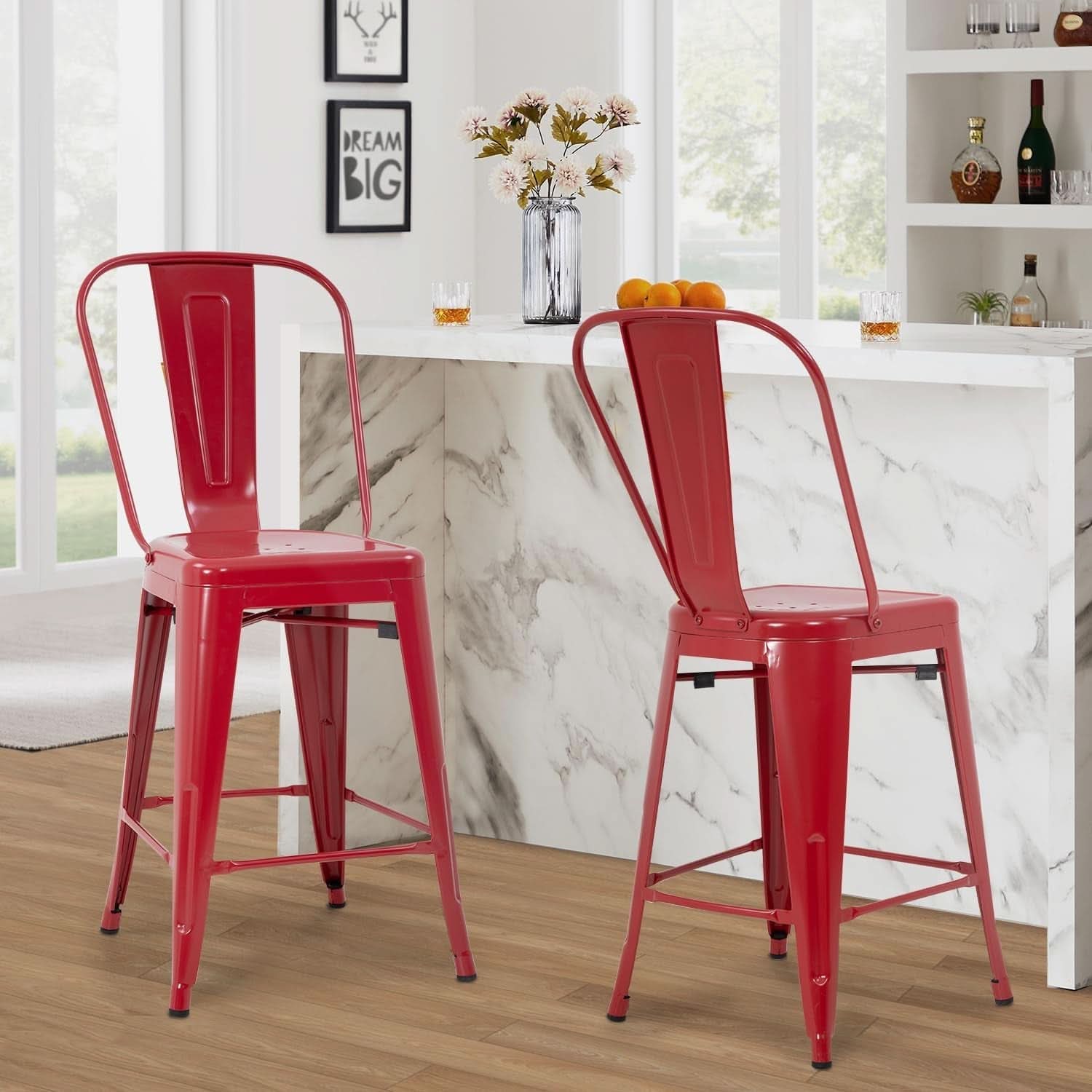 Set of 4 24 Inch Indoor/Outdoor Stackable Metal Bar Stools - Red