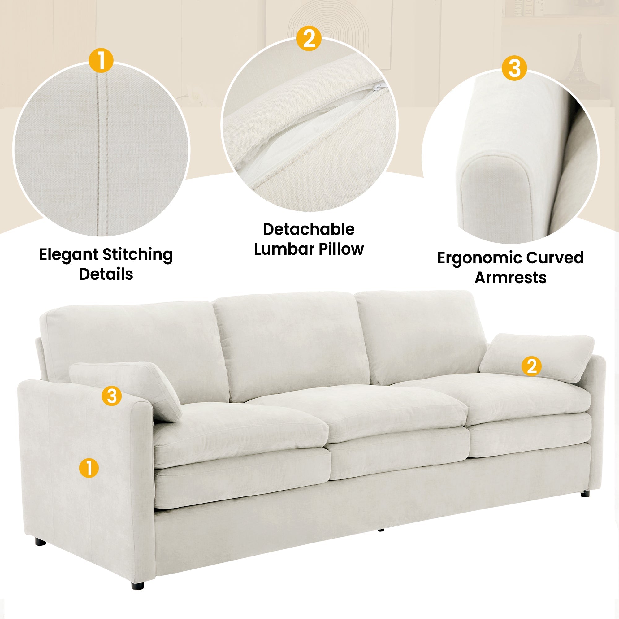 Cozy Upholstered 3-Seater Sofa with Plush Double Cushion and Ergonomic Design