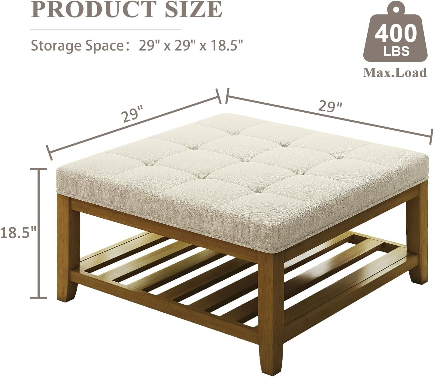 Oversized Ivory Upholstered Ottoman With Wooden Shelf