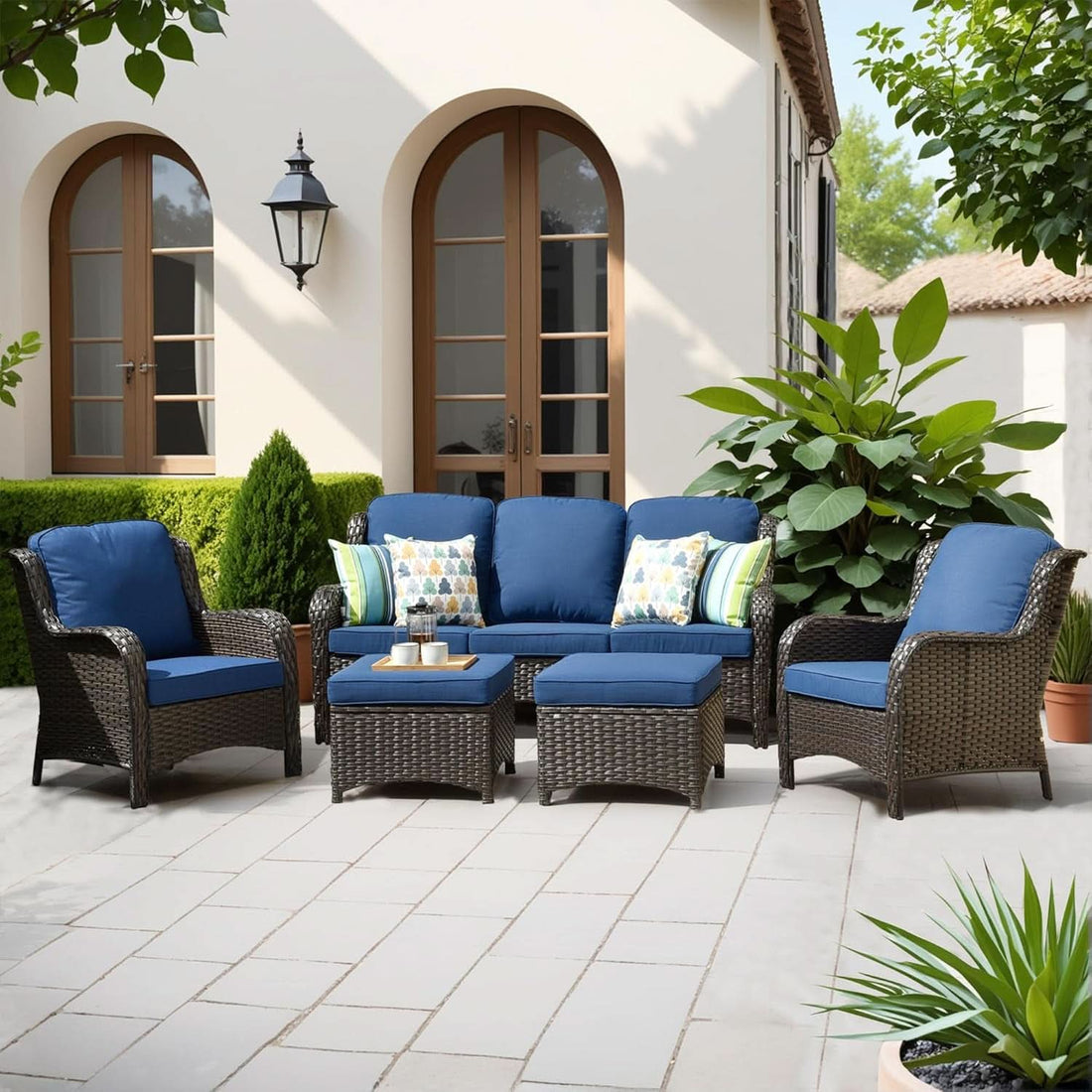 Five Piece Outdoor Wicker Patio Set With Cushions - Blue