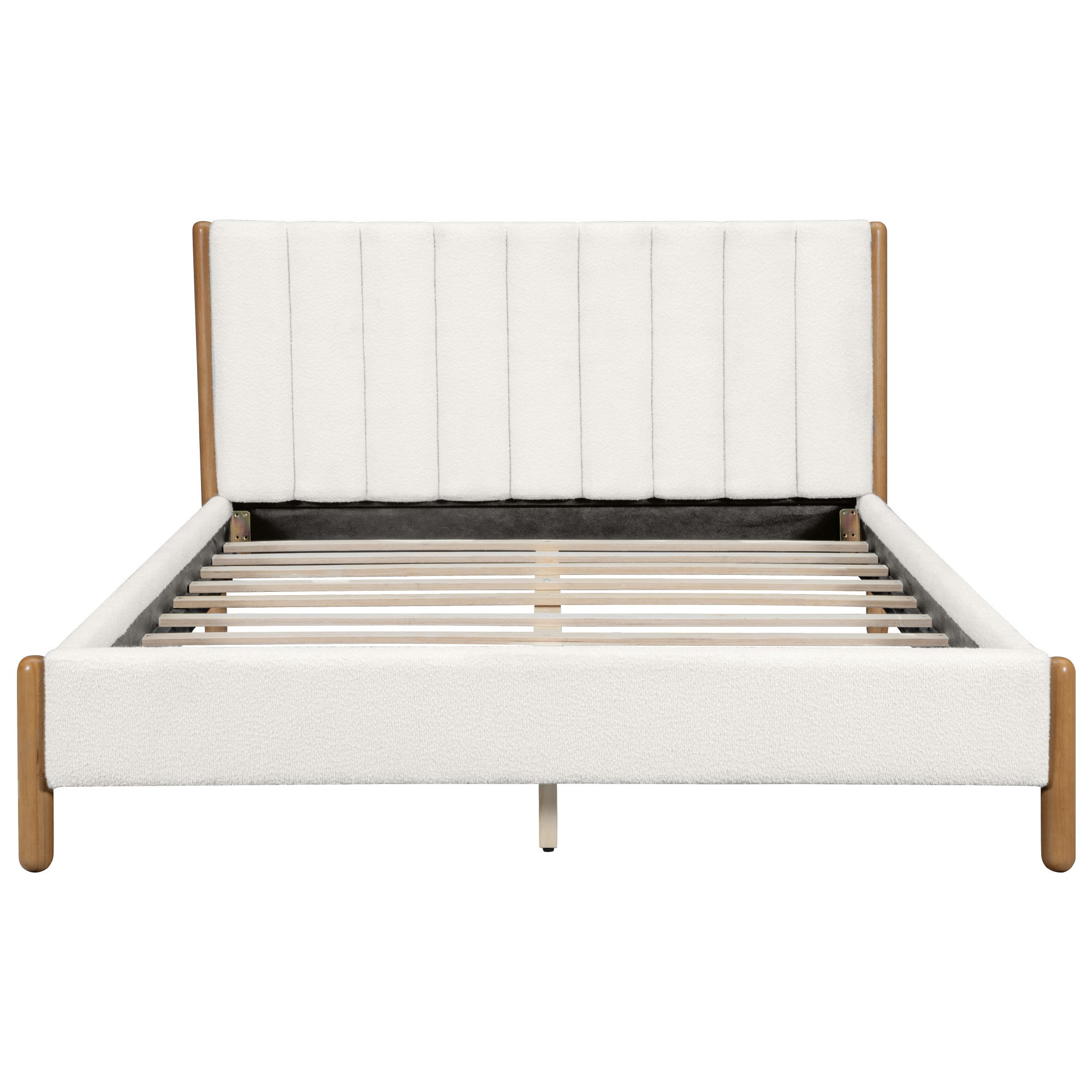 Queen Size Bed Frame with Boucle Upholstered Headboard and Solid Wooden Legs - Off White