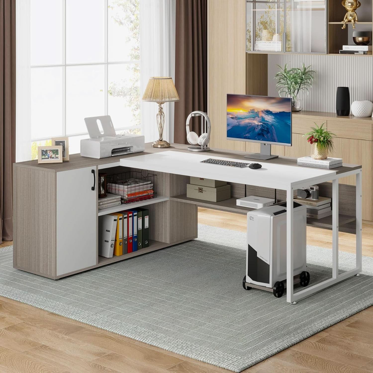 71 Inch L-Shape Executive Desk with Cabinets - 2 Tone Gray/White