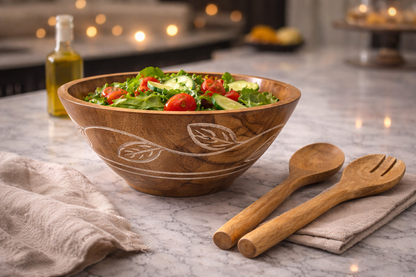 Carved Pattern Mango Wood Salad Bowl/Servers - 3 Pc Set