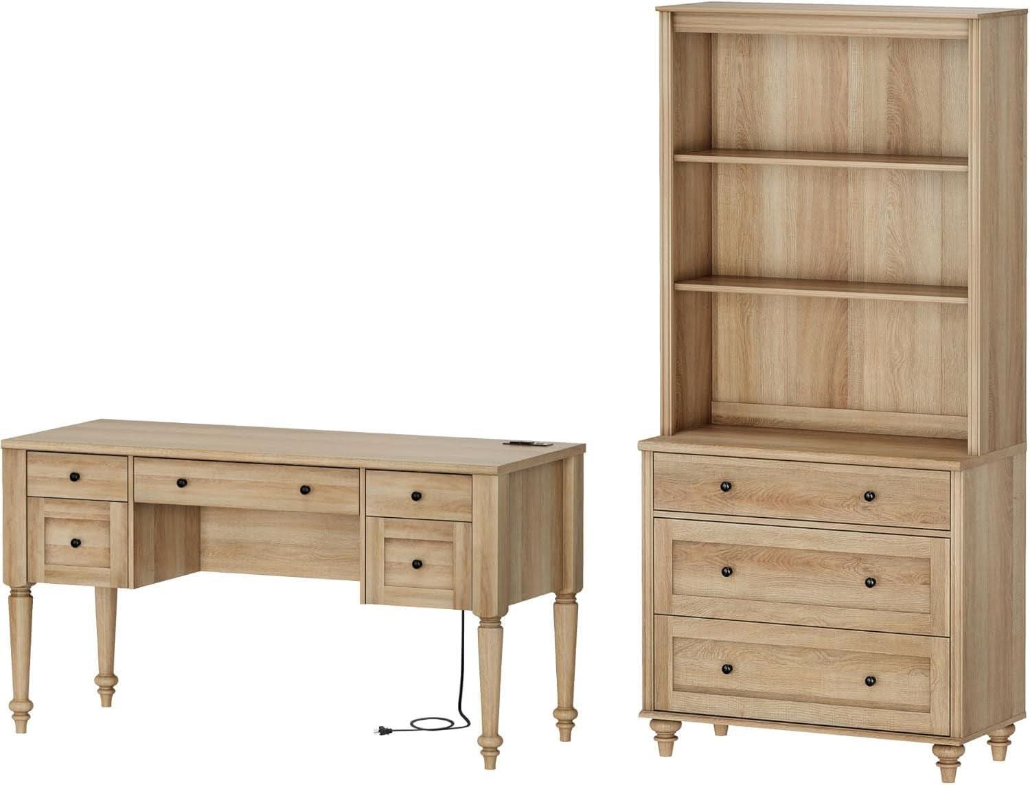 Oakwood Finish Office Suite - 56" Executive Desk With USB Charging + Bookcase