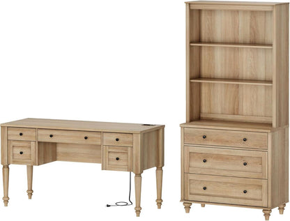 Oakwood Finish Office Suite - 56" Executive Desk With USB Charging + Bookcase