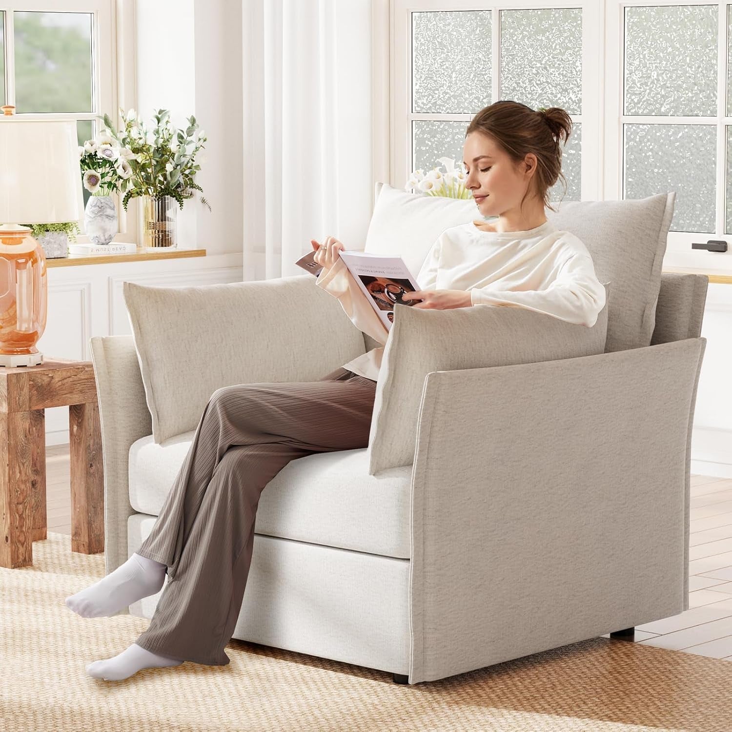 Deep Seat Upholstered Accent Chair in Ivory