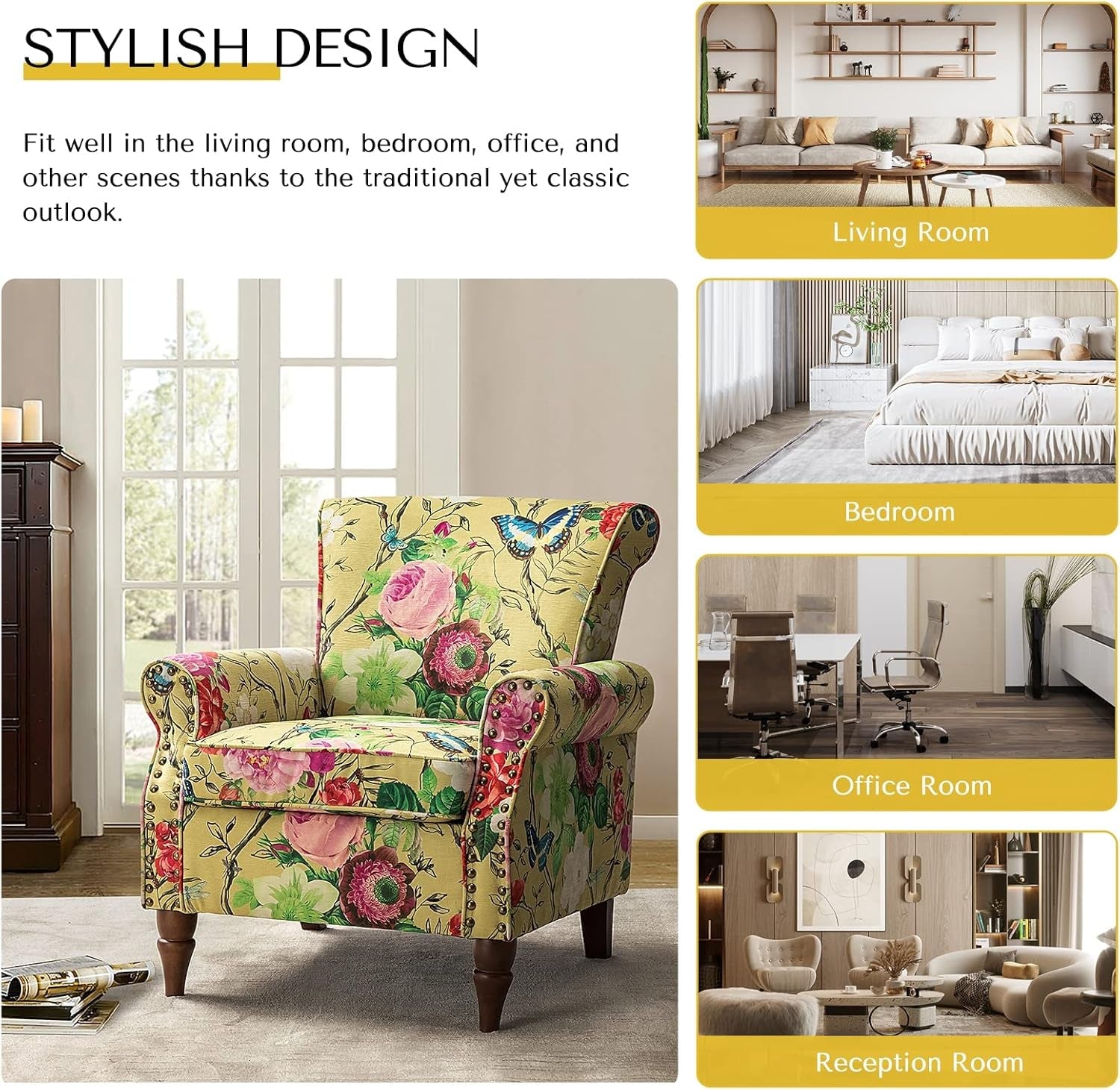 Yellow Floral Wingback Chair With Solid Wood Legs