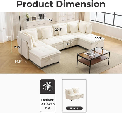 Oversized Modular Sectional Sofa w/Storage Ottoman - Cream