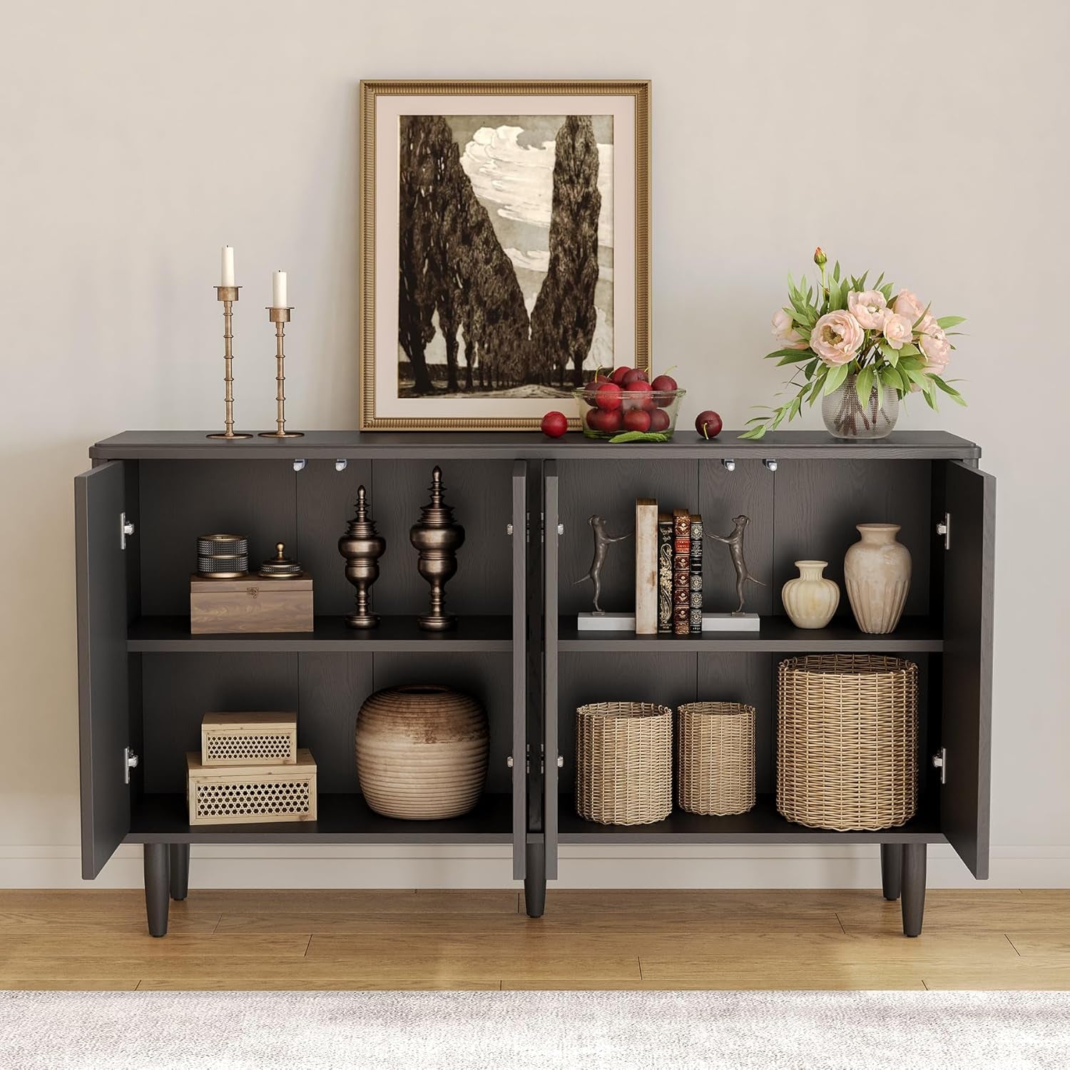 Modern 59-Inch Walnut Sideboard Buffet Table With Storage