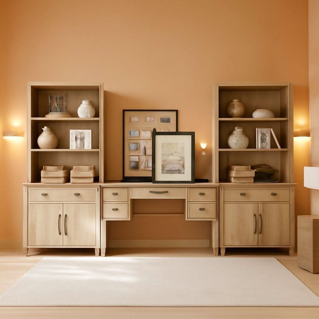 Contemporary Home Workstation Desk + 2 Storage Cabinets/Bookshelves in Distressed Oak Finish
