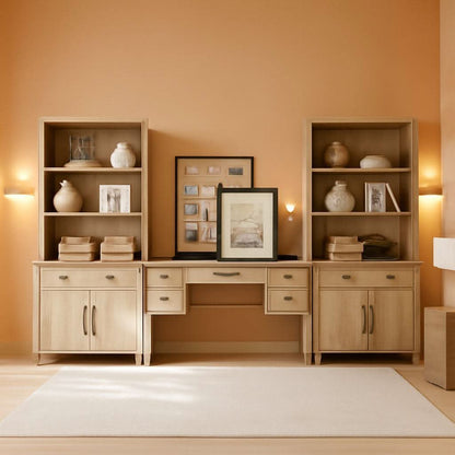 Contemporary Home Workstation Desk + 2 Storage Cabinets/Bookshelves in Distressed Oak Finish
