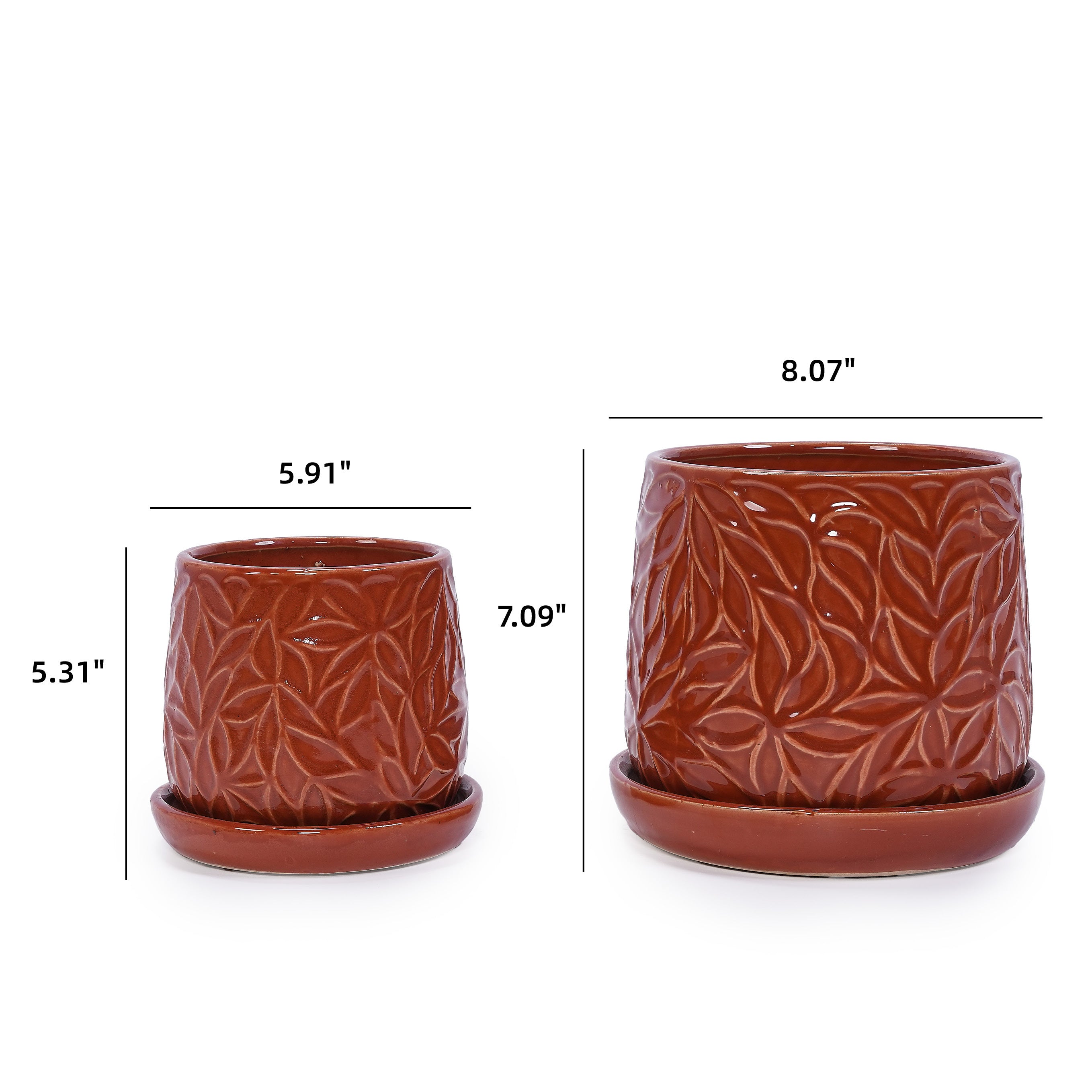 Set of 2 Embossed Ceramic Flowerpots - Red