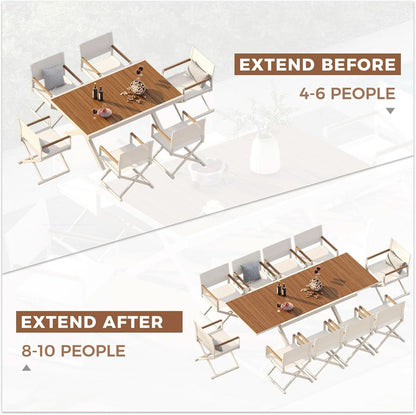 11 Piece Outdoor Dining Set - 10 Cream Colored Sling Mesh Chairs With Expandable Wood Grain Table For 6-10 Guests