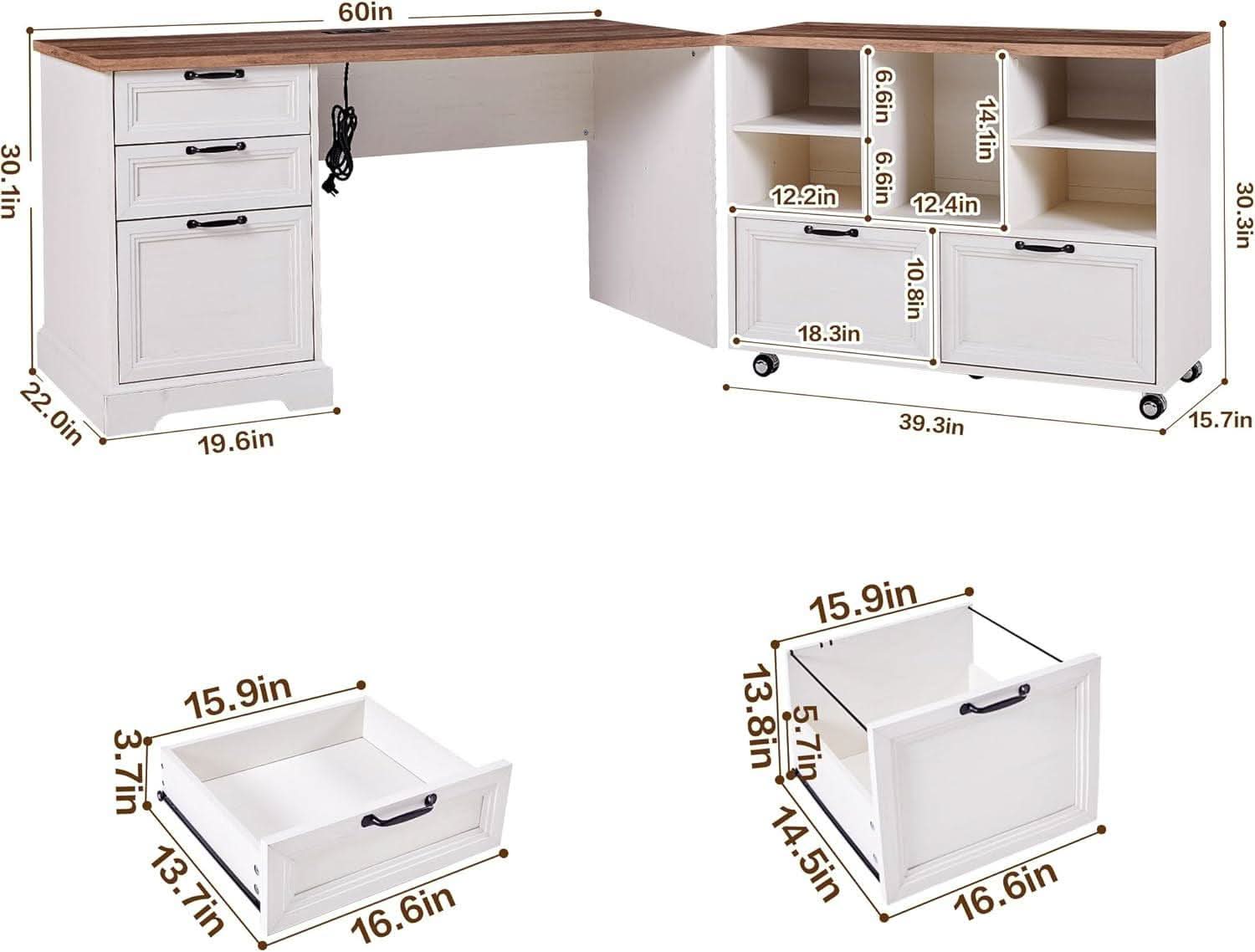 2 Piece Office Workstation with Desk + Rolling File Cabinet in 2 Toned White/Brown