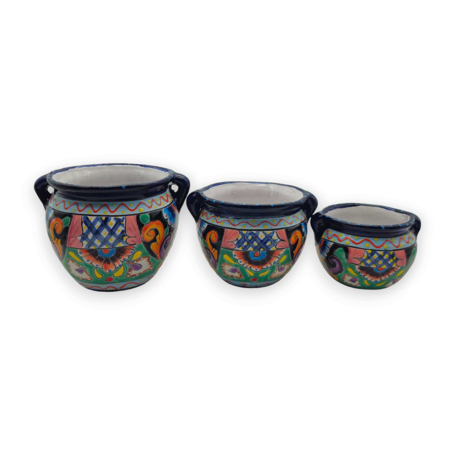 Cobalt Blue Rim Talavera Pot Trio | Hand-Painted Planters - 3 Pc Set