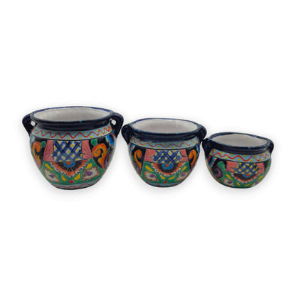 Cobalt Blue Rim Talavera Pot Trio | Hand-Painted Planters - 3 Pc Set