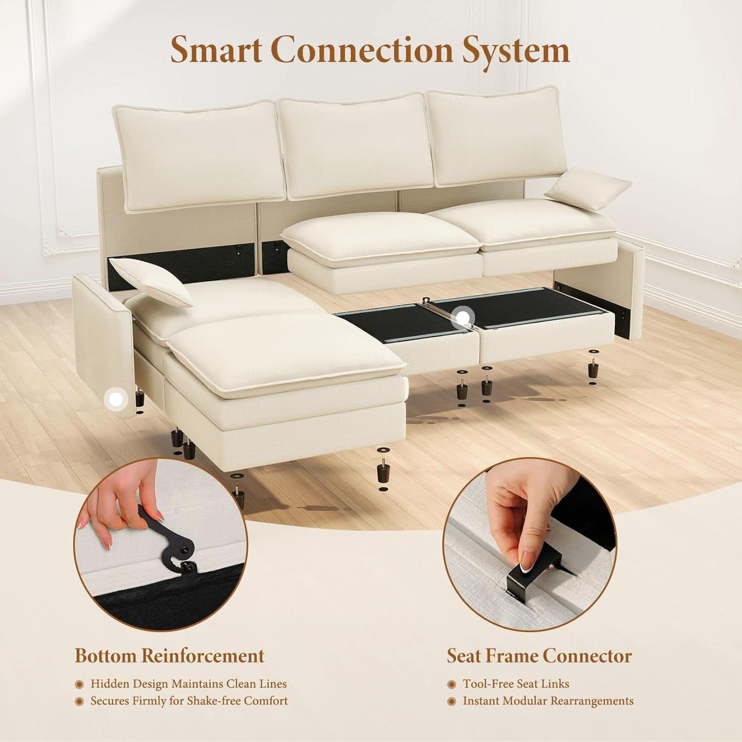 Comfy 108 Inch Modular Sectional Sofa With Ottoman - Beige