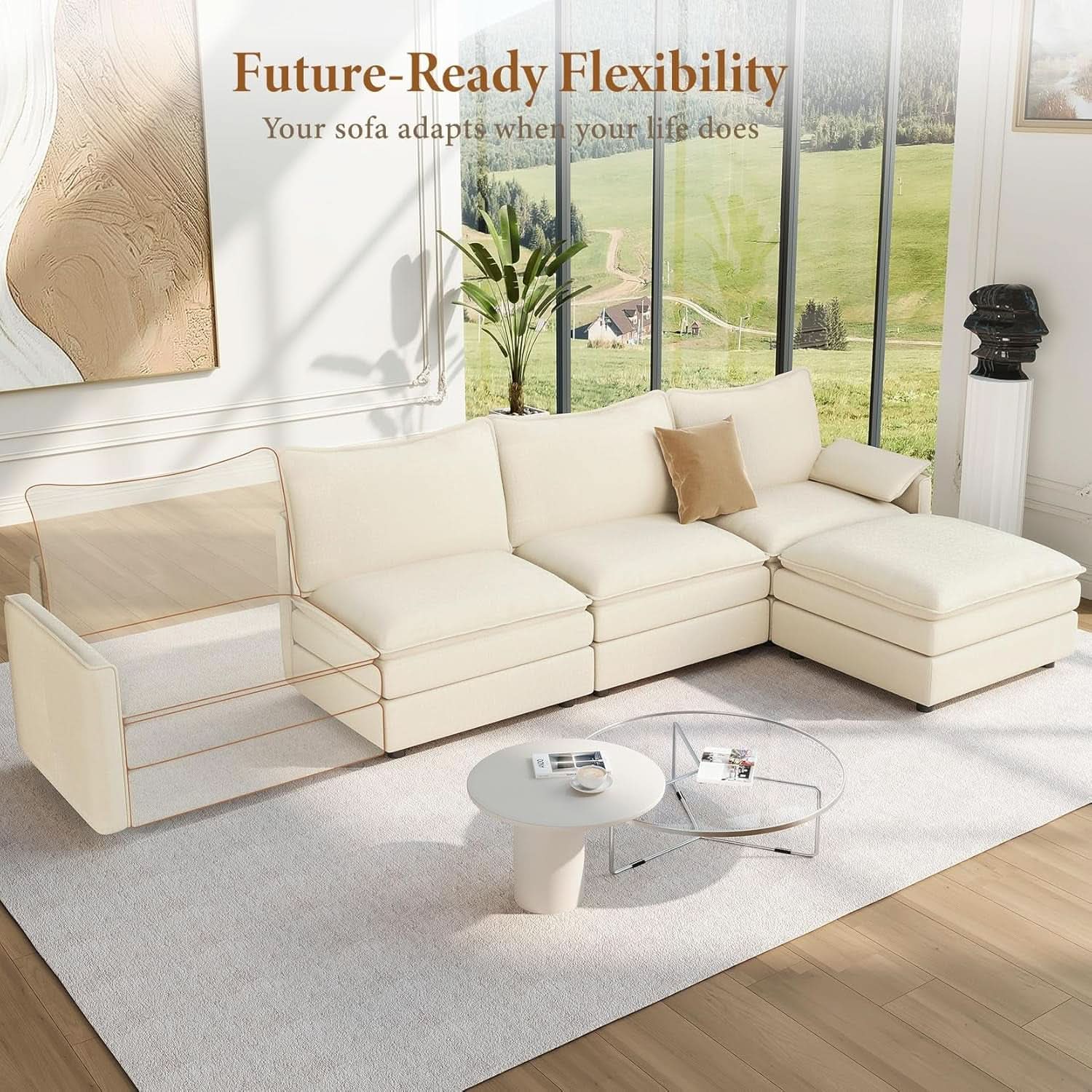 Comfy 108 Inch Modular Sectional Sofa With Ottoman - Beige