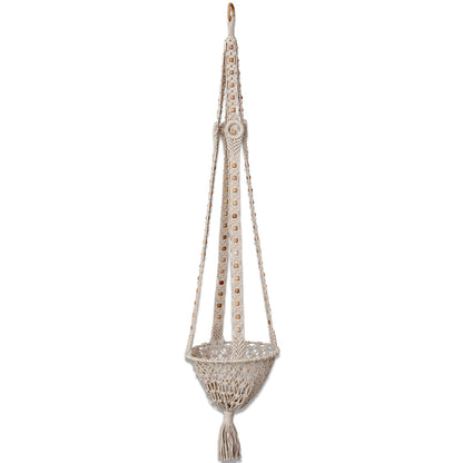 Cotton Macrame Plant Hanger with Wood Beads &amp; Tassel