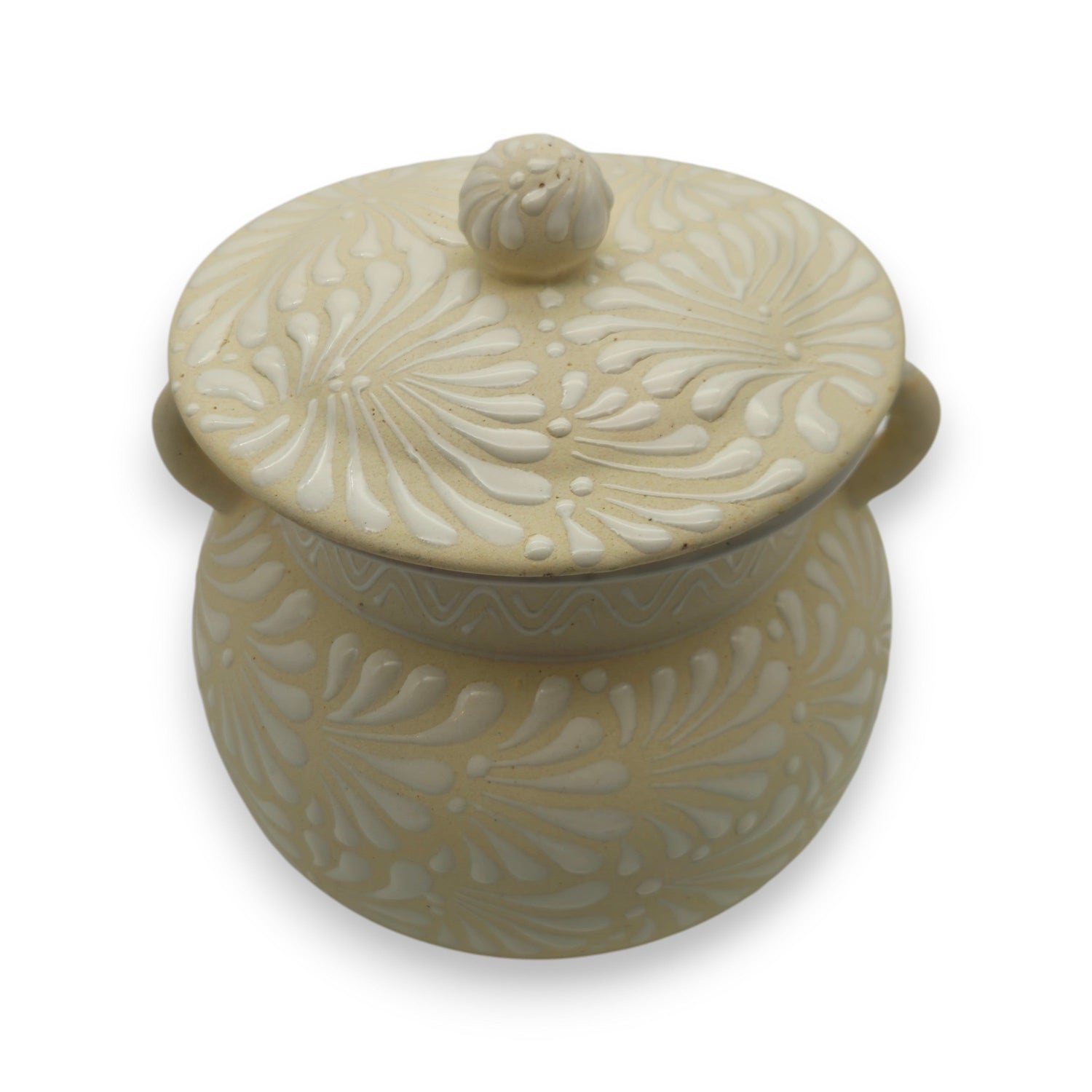 Cream Talavera Bean Pot with Lid | Handmade Mexican Clay