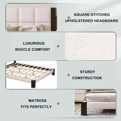 King Size Beige Boucle Upholstered Bed Frame