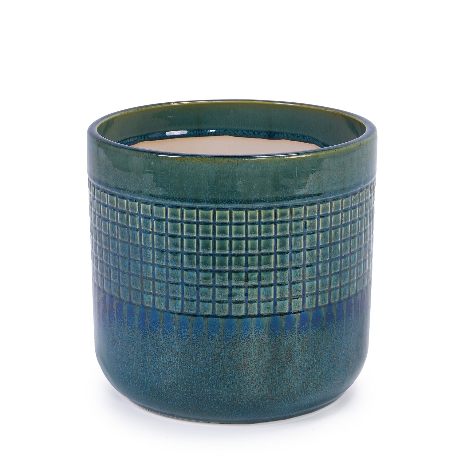 Set of 3 Grid Ceramic Flowerpots - Teal