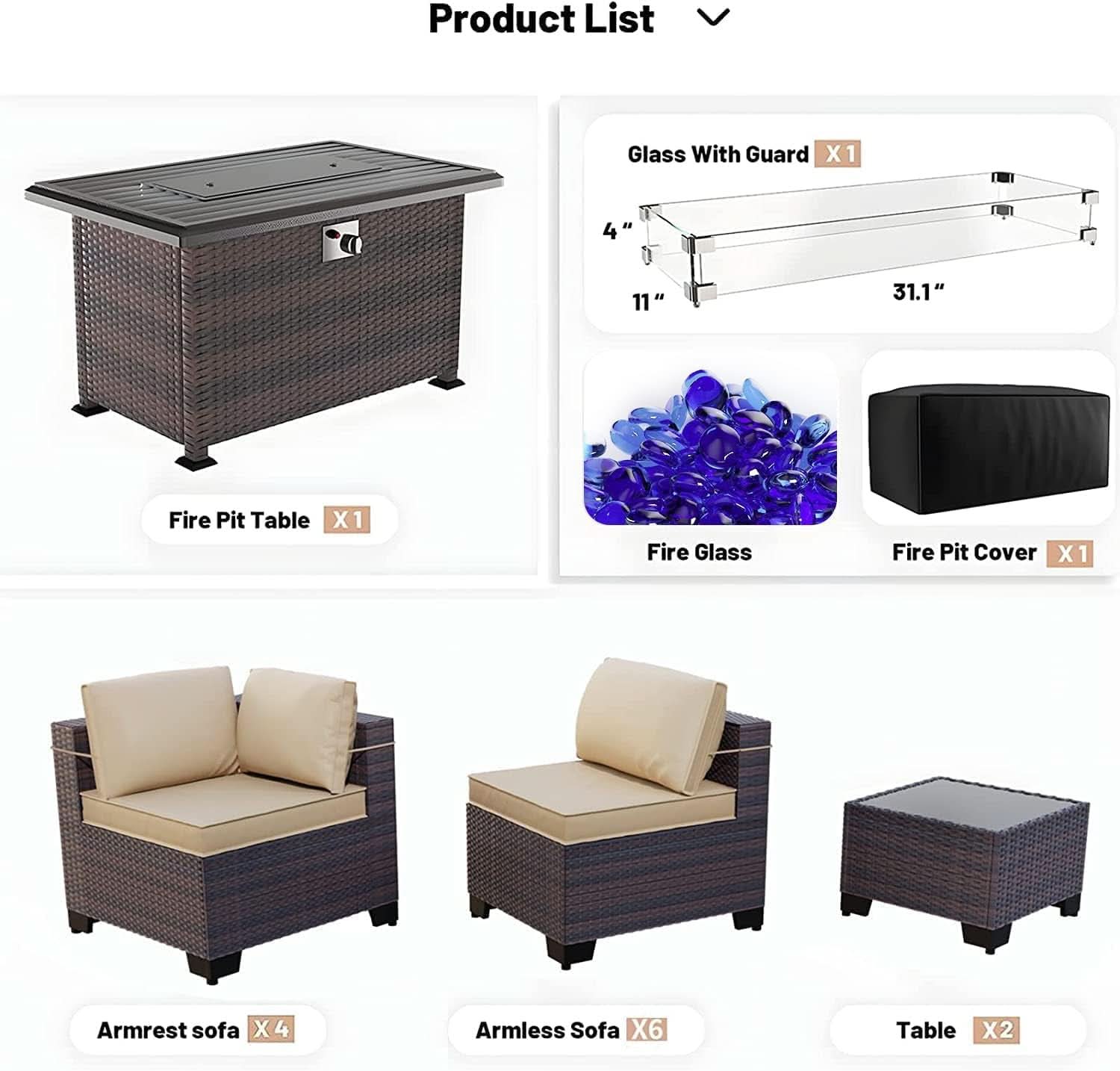 13 Piece Outdoor Patio Furniture Set with Fire Pit - Sand