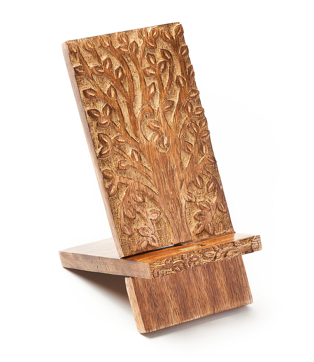 Aranyani Tree of Life Handcarved Phone Stand for Desk