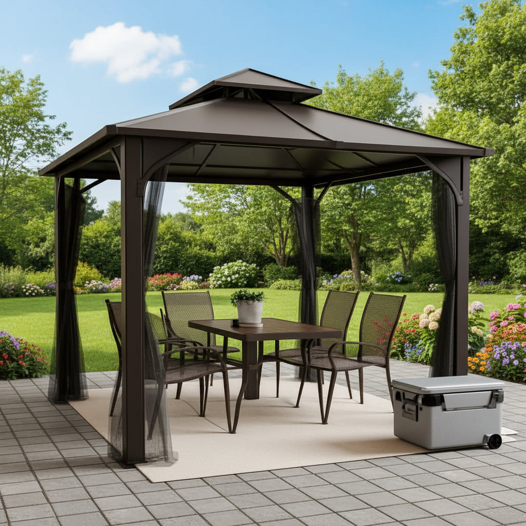10x12 Dark Brown Hardtop Gazebo With Steel Frame And Netting