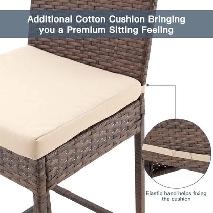 Outdoor Rattan Bar Stools w/ Beige Cushions - Set of 4