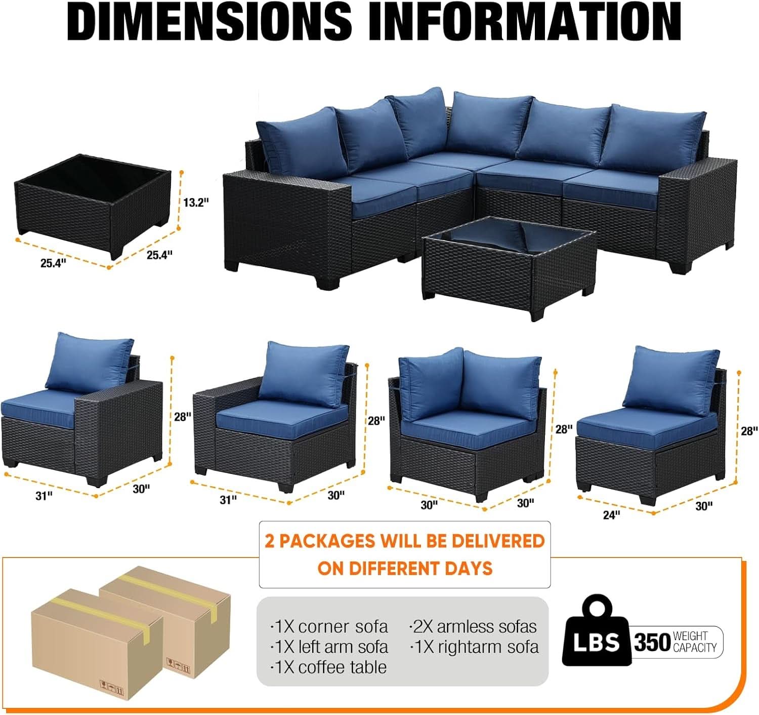 6 Piece All Weather Outdoor Wicker Sectional Sofa Set - Navy