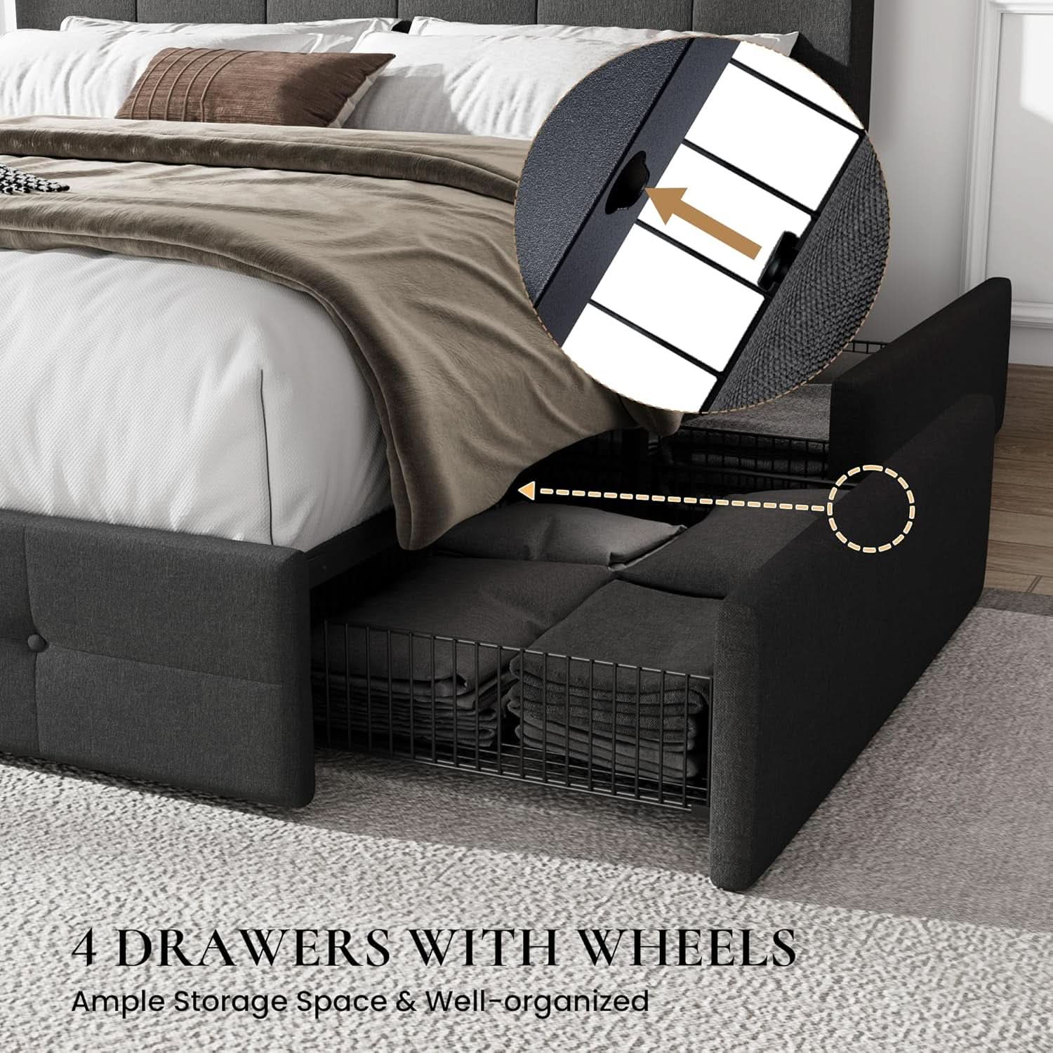 Upholstered Queen Platform Bed Frame Storage Drawers