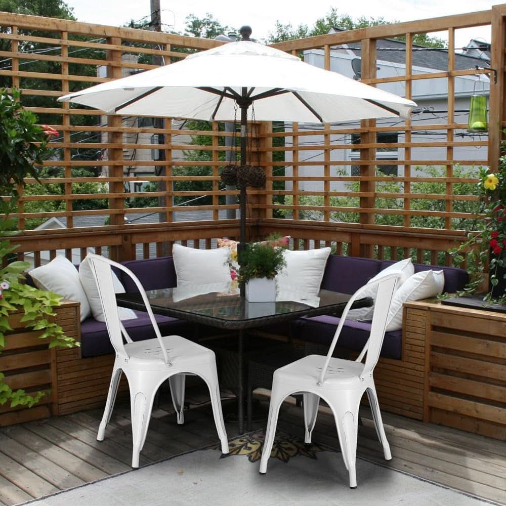 Set of 4 Stackable Distressed White Metal Indoor/Outdoor Dining Chairs
