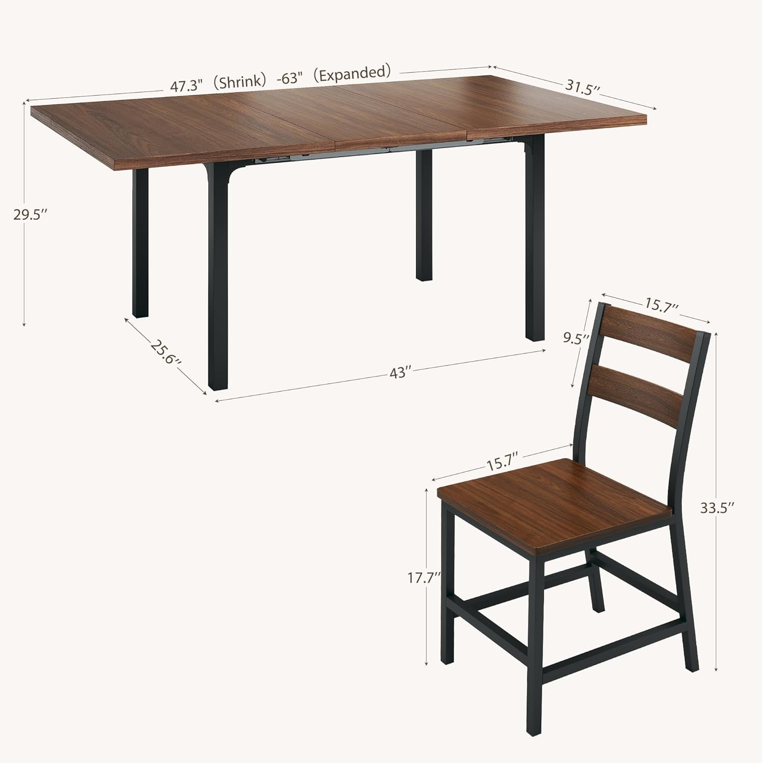Walnut 63 Inch Extendable Dining Table Set For Six