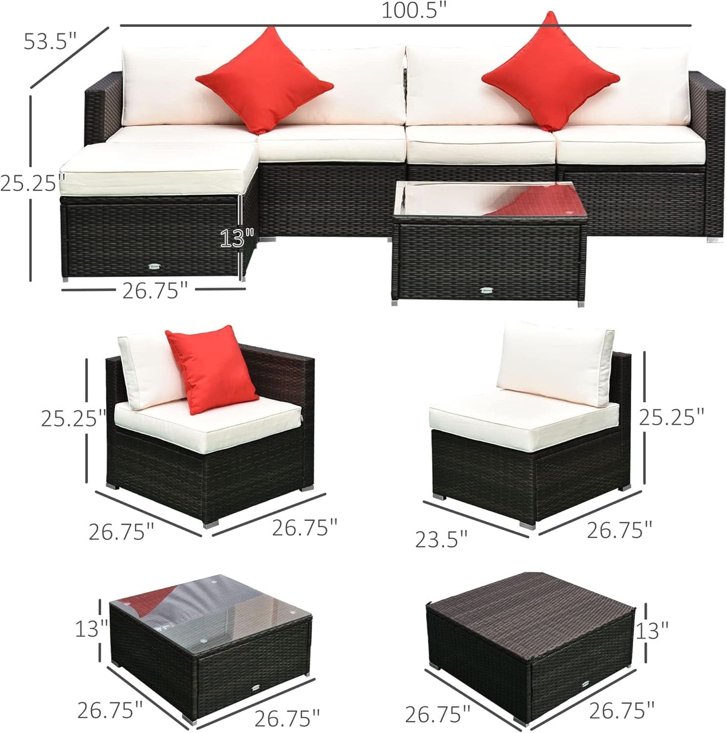 6 Piece Wicker Modular Sectional Set with Ottoman - Espresso/Cream