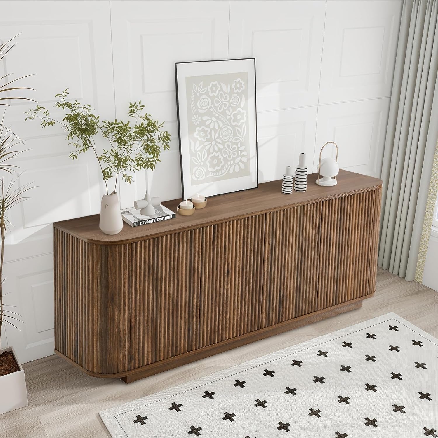 64 Inch Curved Walnut Contemporary Buffet Sideboard