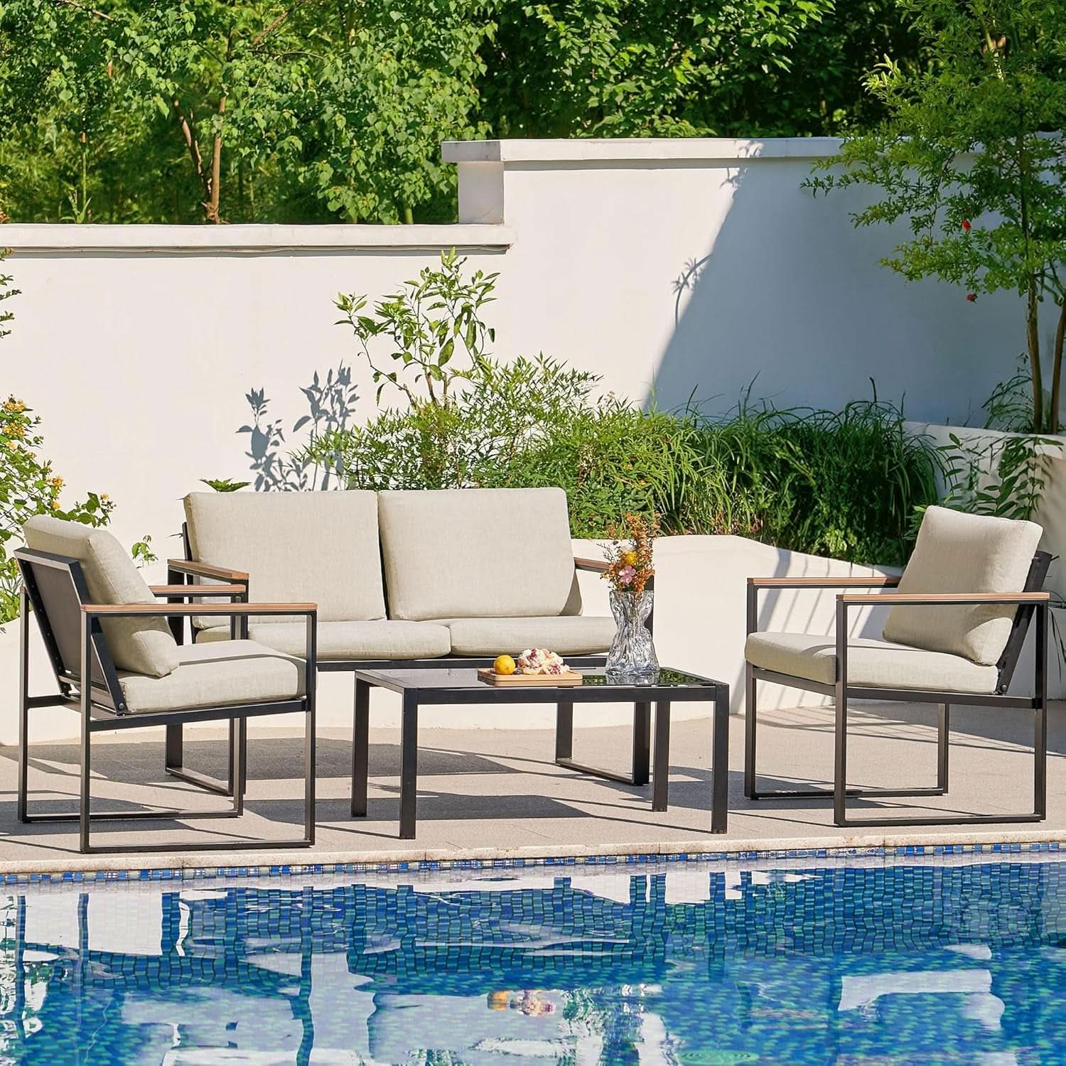 4 Piece Metal Outdoor Patio Conversation With Cushions