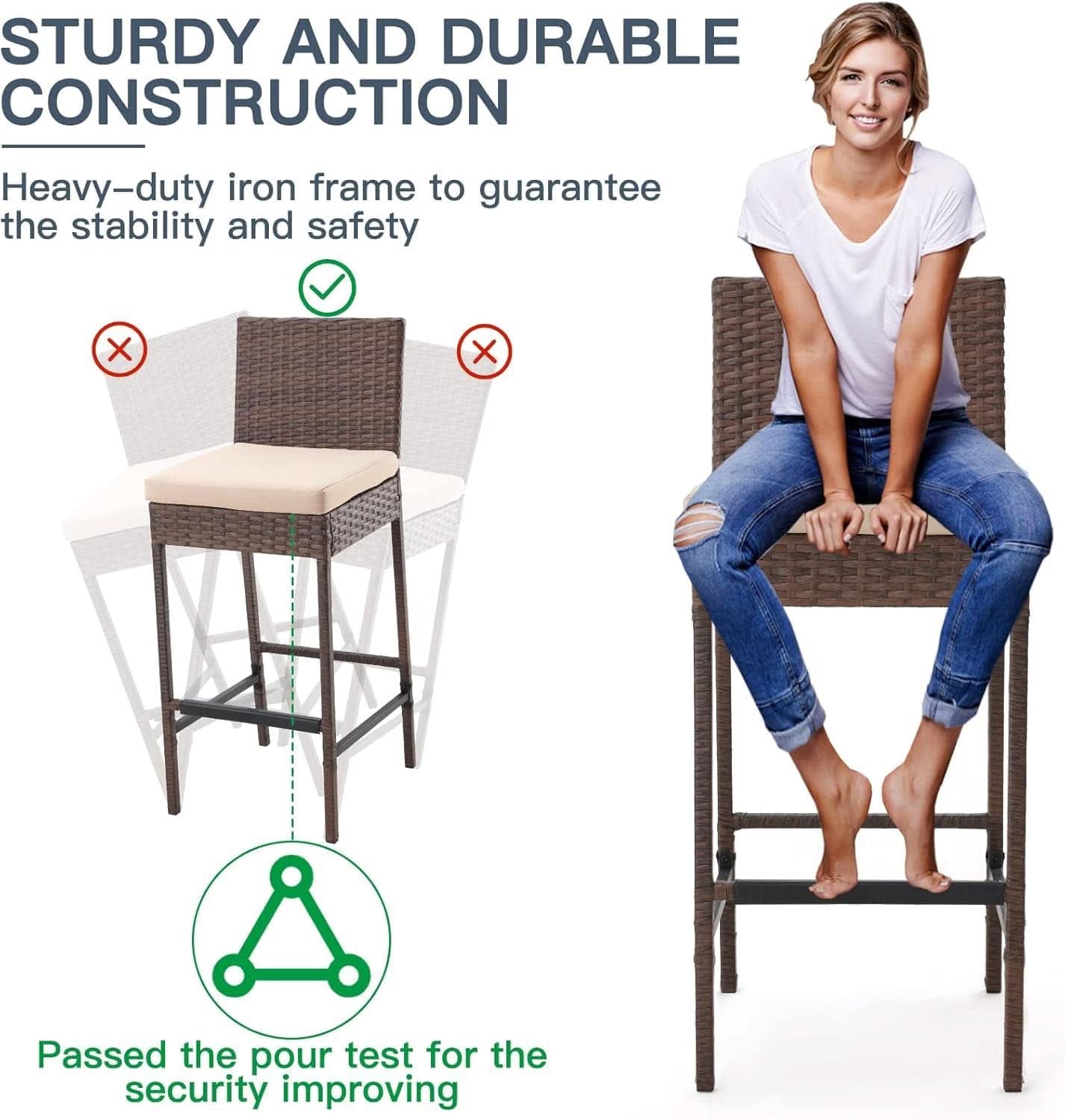Outdoor Rattan Bar Stools w/ Beige Cushions - Set of 4