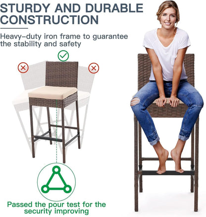 Outdoor Rattan Bar Stools w/ Beige Cushions - Set of 4