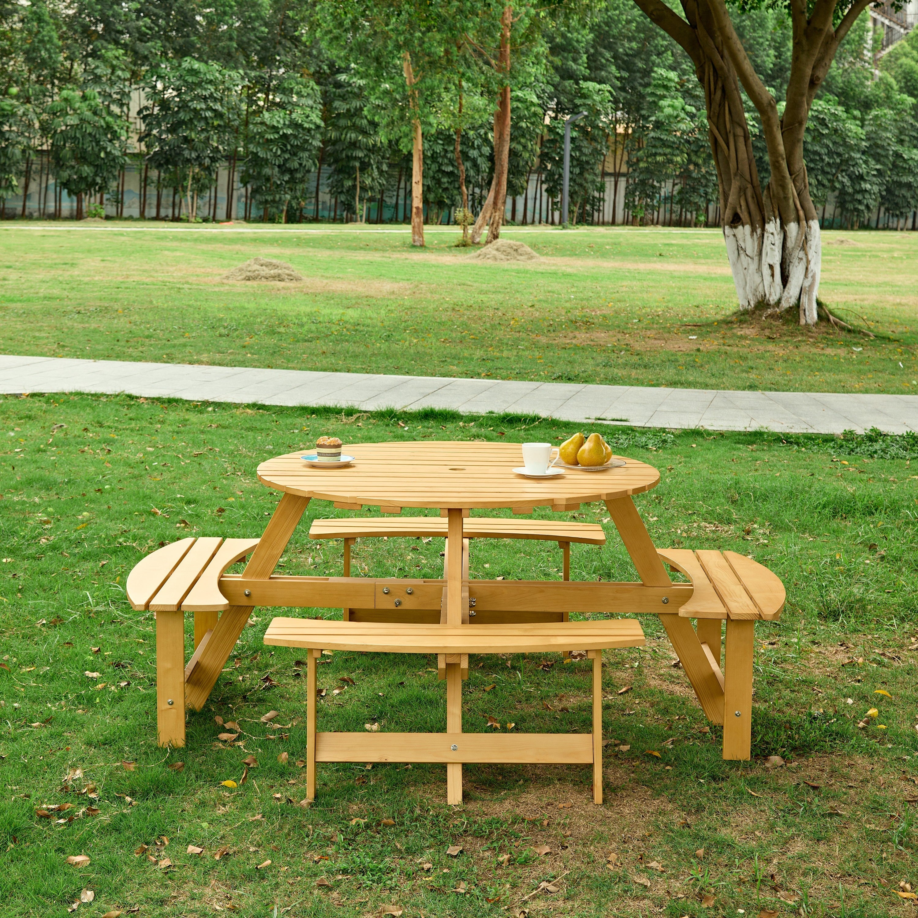 8-Person Round Picnic Table with 4 Built-in Benches - Natural Finish