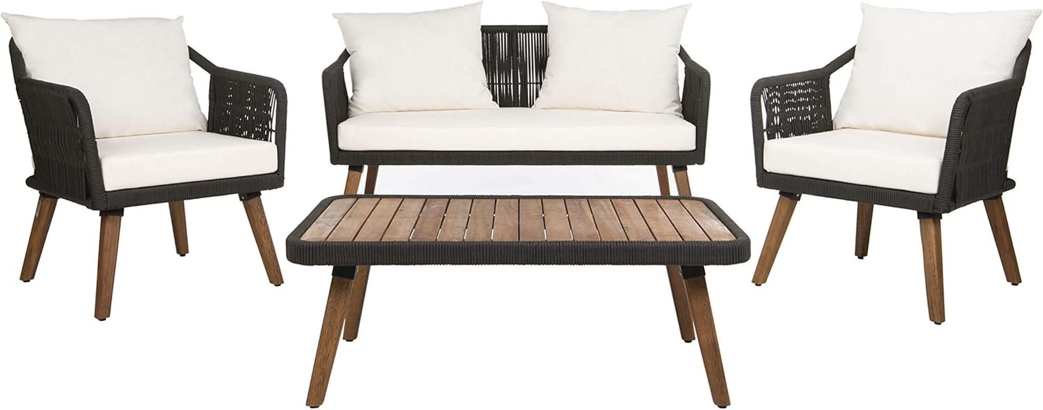 Outdoor 4 Piece Eucalyptus Rope Furniture Set With Cream Cushions