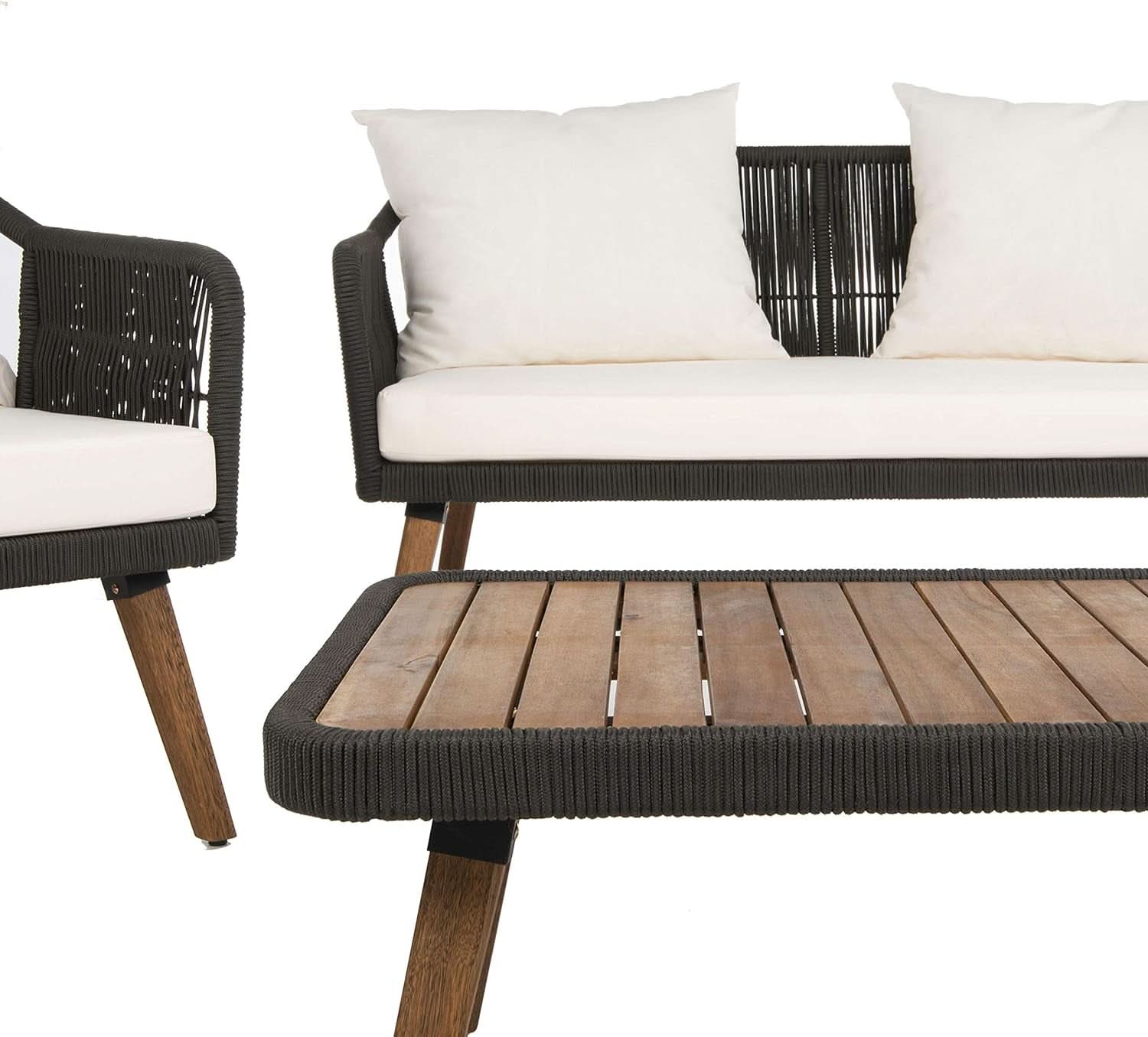 Outdoor 4 Piece Eucalyptus Rope Furniture Set With Cream Cushions
