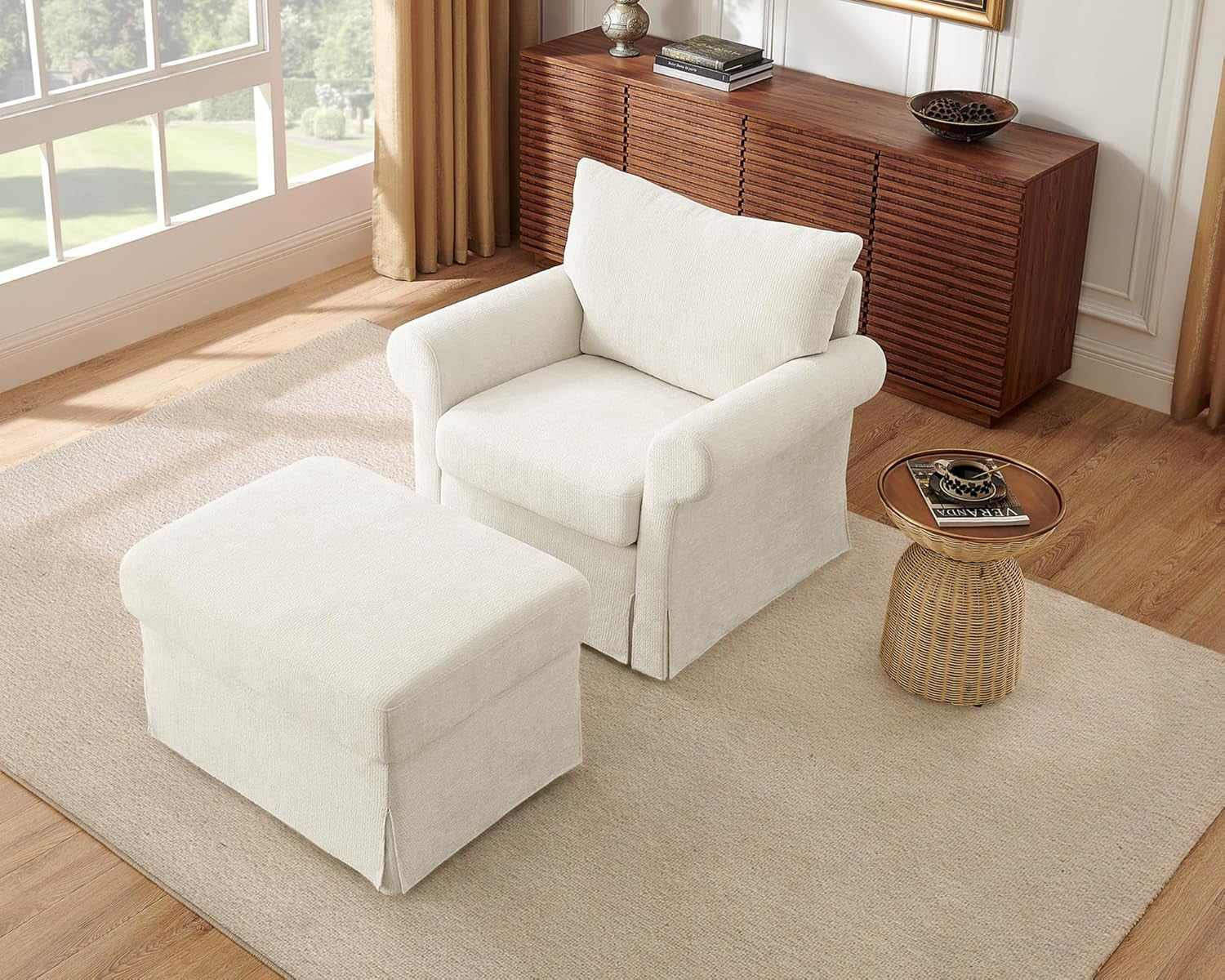 Beige Chenille Contemporary Chair &amp; Ottoman - 2 Pc Set