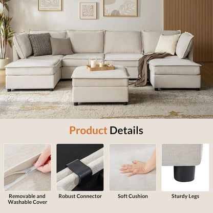 Oversized Modular Cloud Sectional Sofa w/ Storage Ottoman - Beige