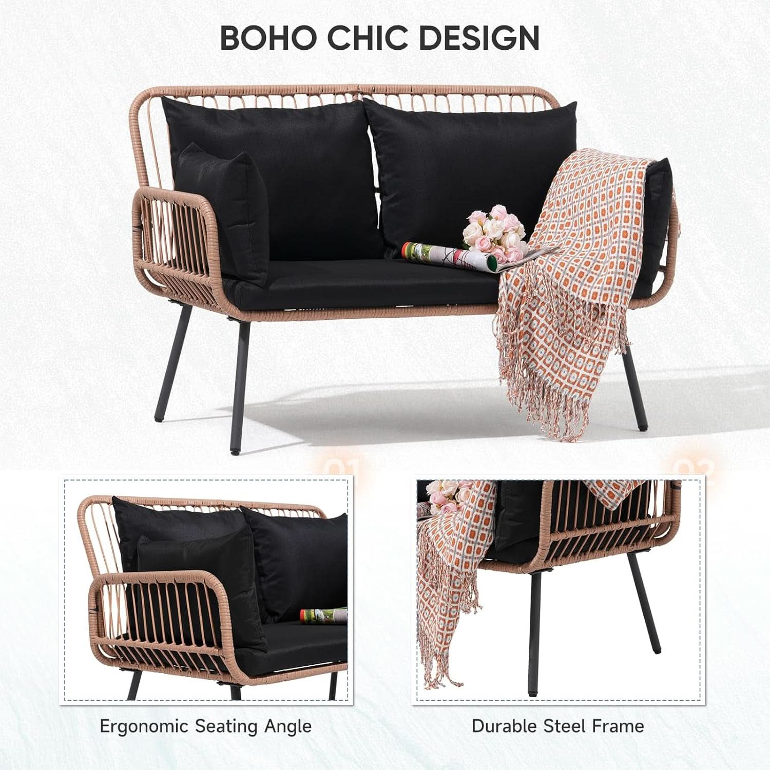 Stylish Four Piece Outdoor Wicker Patio Furniture Set in Black