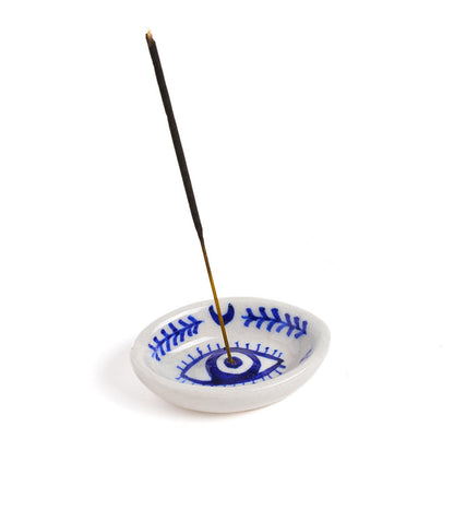 Lalita Evil Eye Incense Holder - Hand Painted Blue &amp; White
