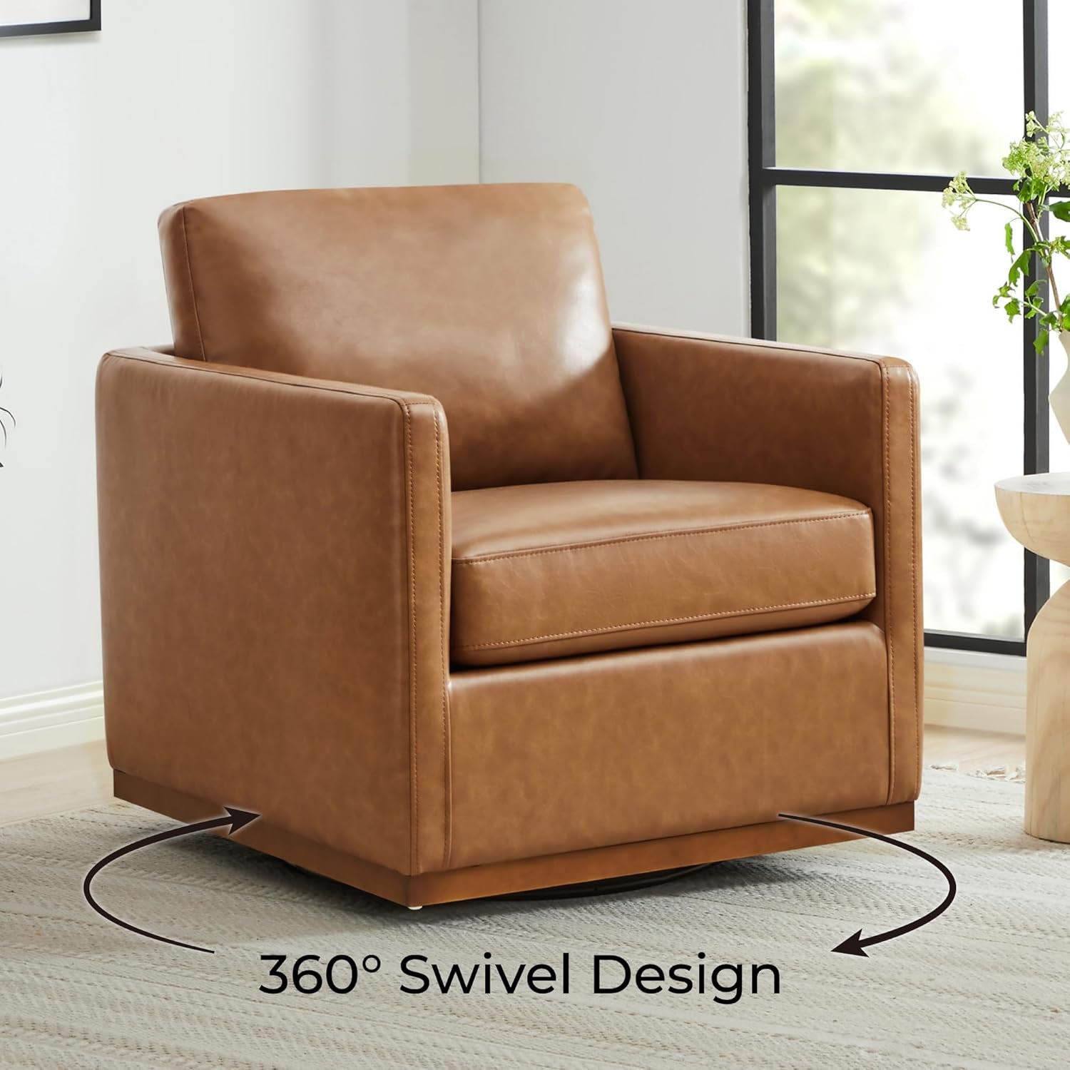 Swivel Accent Chair, Faux Leather in Saddle Brown