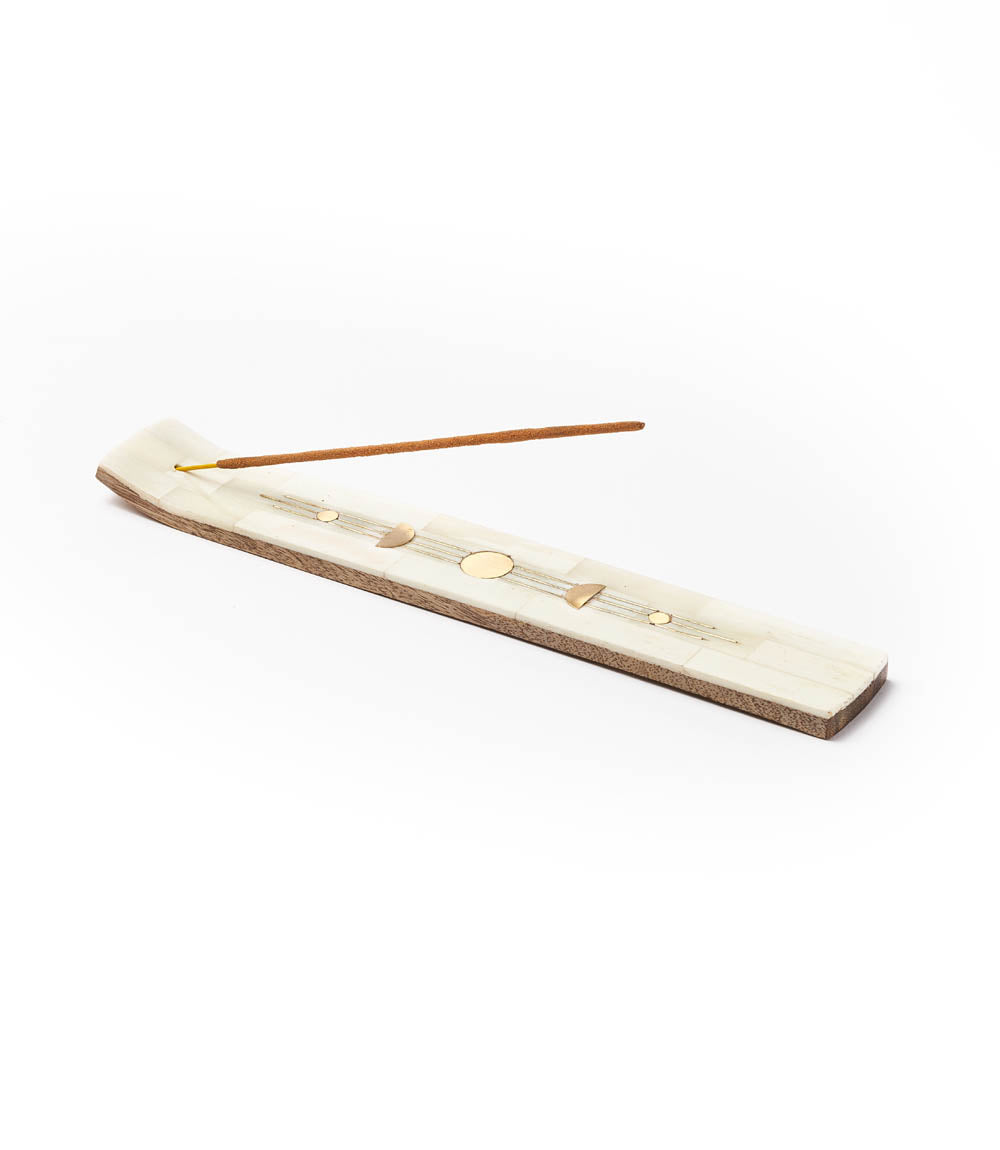 Indukala Moon Phase Incense Holder - Hand Carved Wood &amp; Bone